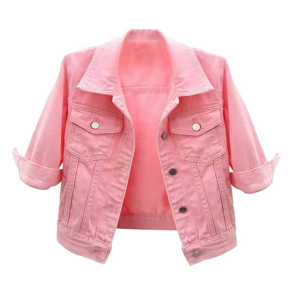 Fsqjgq Cropped Denim Jackets for Women Fashion Short Jean Shacket Jacket Lightweight Fitted Stretchy Button Lapel Denim Jacket with Pockets Fall Coats