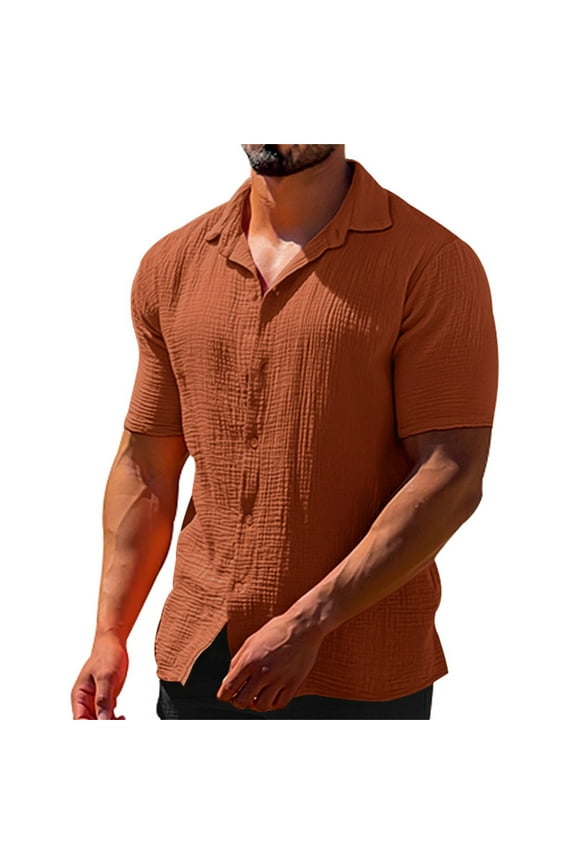Dress Shirts for Men Short Sleeve Solid Linen Men's Casual Button-down Shirts Summer Blouse Orange L
