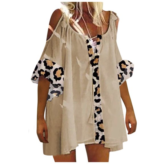 Fsqjgq Easter Dresses Female A-Line Dresses Women's Fashion Casual Leopard Print Off Shoulder Loose Plus Size Top Blouse Red Size XL