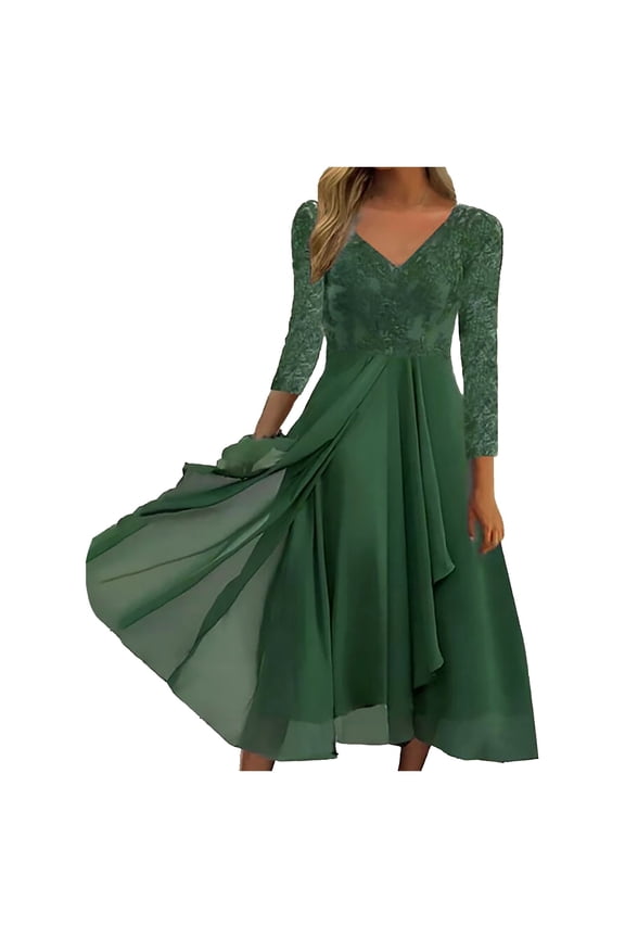 Elegant Chiffon Lace Formal Dresses for Women V Neck Long Sleeved Patchwork Prom Long Dress Flowy Swing Wedding Guest Dresses Green S