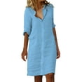 thumbnail image 1 of Fsqjgq Elegant Cotton Linen Shirt Dresses for Women 2024 Spring Summer Fashion Solid Long Sleeve Lapel Mini Shift Dress Daily Casual Work Dress L, 1 of 5