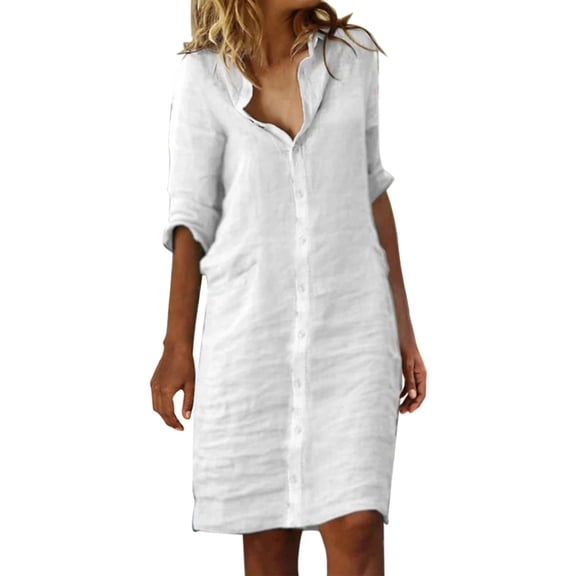 Fsqjgq Elegant Cotton Linen Shirt Dresses for Women 2024 Spring Summer Fashion Solid Long Sleeve Lapel Mini Shift Dress Daily Casual Work Dress XL