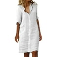 thumbnail image 1 of Fsqjgq Elegant Cotton Linen Shirt Dresses for Women 2024 Spring Summer Fashion Solid Long Sleeve Lapel Mini Shift Dress Daily Casual Work Dress XXXL, 1 of 5