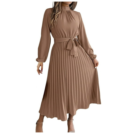Fsqjgq Elegant Fall Dresses for Women Casual Winter Crewneck Long Sleeve Ruffle Flowy Wedding Guest Dresses Tie Waist Pleated Black Midi Dress with Belt Khaki M