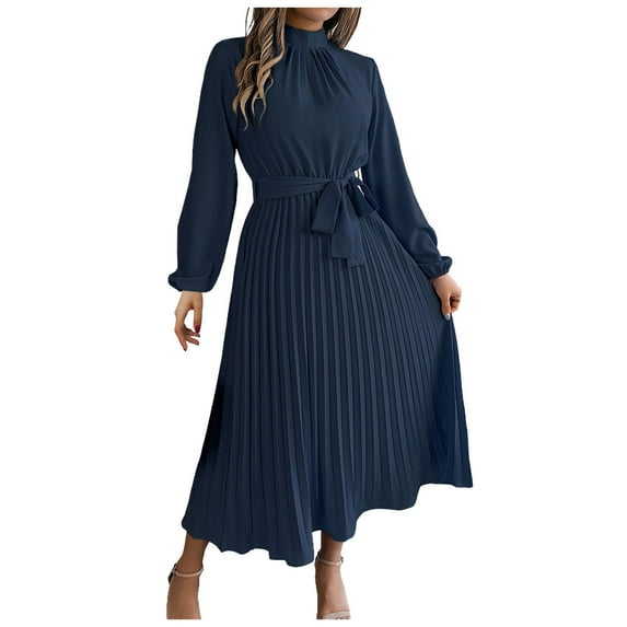 Fsqjgq Elegant Fall Dresses for Women Casual Winter Crewneck Long Sleeve Ruffle Flowy Wedding Guest Dresses Tie Waist Pleated Black Midi Dress with Belt Navy XL