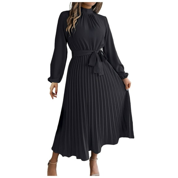 Fsqjgq Elegant Fall Dresses for Women Casual Winter Crewneck Long Sleeve Ruffle Flowy Wedding Guest Dresses Tie Waist Pleated Black Midi Dress with Belt Black XL