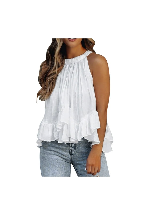 Elegant Layered Ruffles White Tank Top Women Summer Blouse Shirts Solid Color Off Shoulder Halter Neck Crop Tops Streetwear White L