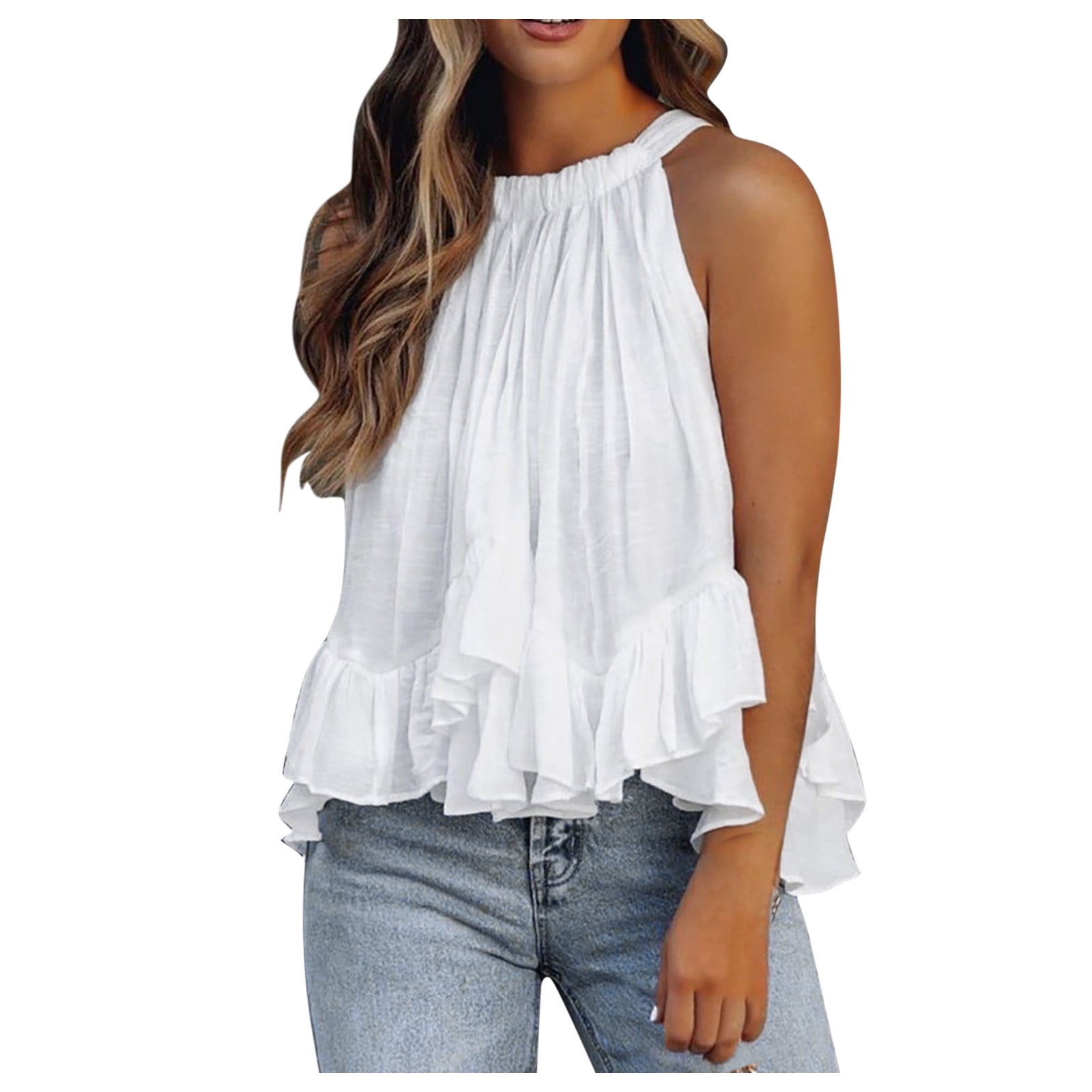Fsqjgq Elegant Layered Ruffles White Tank Top Women Summer Blouse Shirts  Solid Color Off Shoulder Halter Neck Crop Tops Streetwear White M