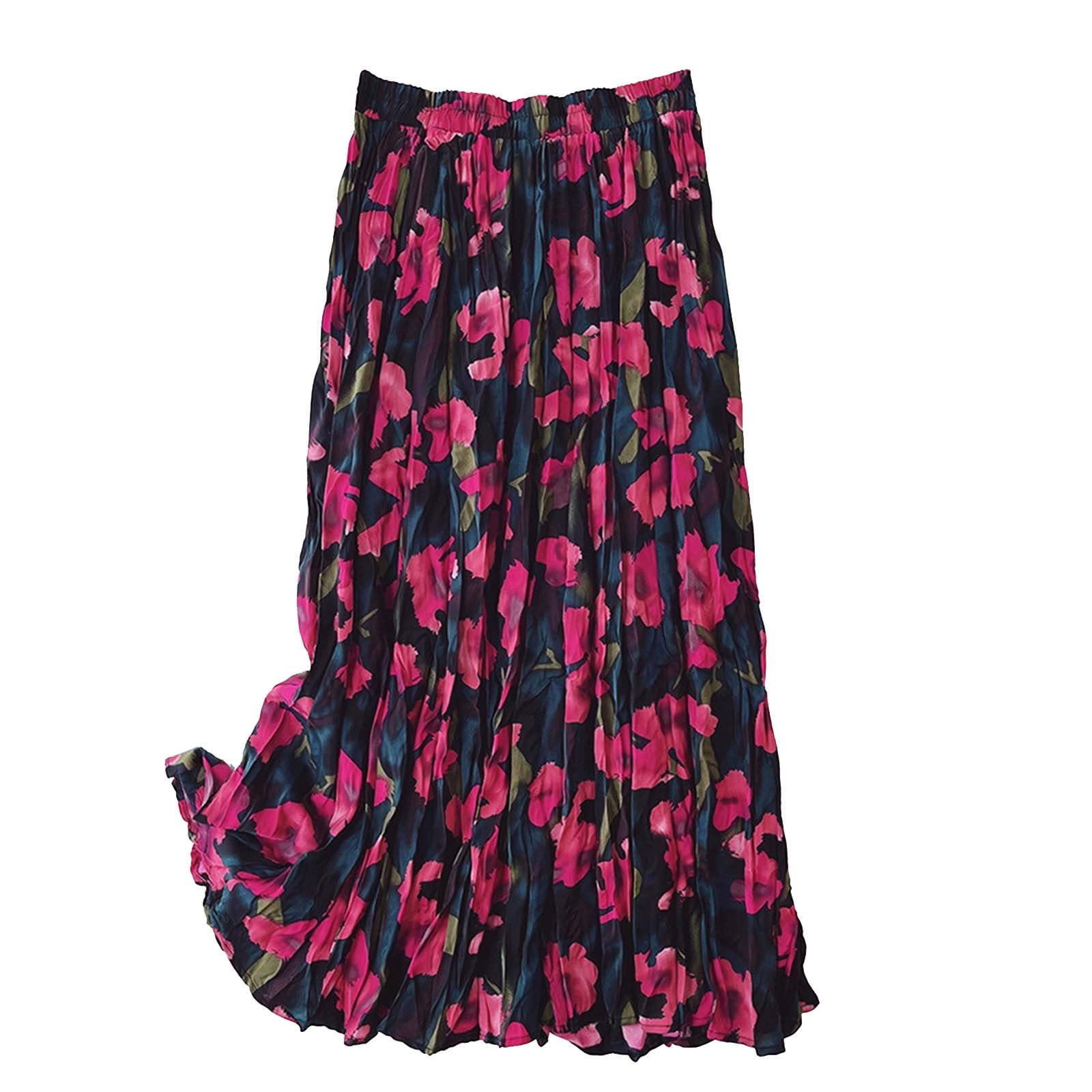 Fsqjgq Elegant Pleated Maxi Skirt for Women Vintage Floral Print ...