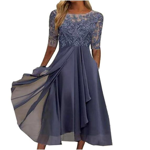 Fsqjgq Elegant Wedding Guest Dresses for Women Embroidery Lace Chiffon Half Sleeve Crewneck Long Evening Party Dress Plus Size Prom Dresses S