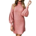 thumbnail image 1 of Fsqjgq Fall Dresses for Women 2024 Loose Lantern Sleeve Turtleneck Oversized Cable Knit Long Pullover Mini Sweater Dress Pink-F S, 1 of 5
