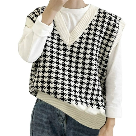 Fsqjgq Fashion Sweaters for Women Elegant Korean Plaid Sleeveless V Neck Sweater Vest Oversized Knitted Pullover College Clothes One Size,White