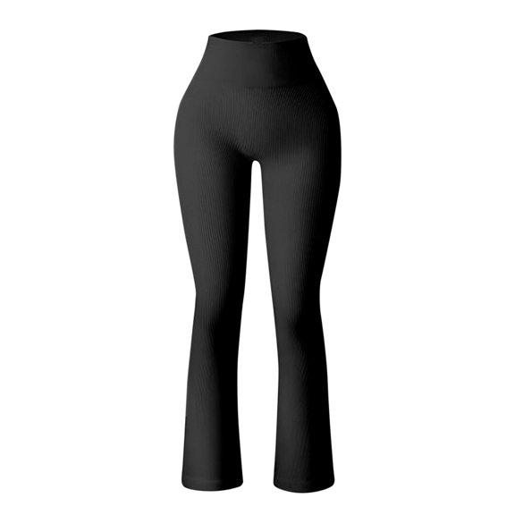 Fsqjgq Flare Leggings for Women Black Brown Solid Ribbed Seamless Workout Sports Yoga Leggings High Waist Bell Bottoms Pants Black L