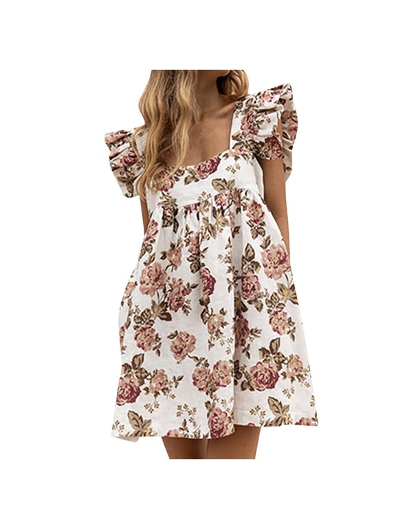 Formal Dresses for Women Evening Party Female A-Line Dresses for Women Women Summer Dress Elegant Square Collar Pocket Puffles Short Sleeve Midi Dress Beige Size L