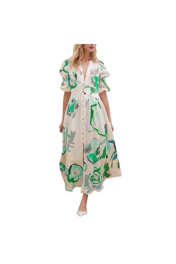 Formal Wedding Guest Dresses for Women Female A Line Women Floral Print V Neck Button Cardigan Dress Short Sleeve Formal Party Dresses Flowered Beach Dress Green Size L