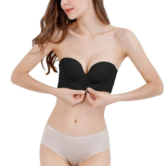 Fsqjgq Front Closure Strapless Bras for Women Large Bust Non Slip Wireless Push Up Bras Solid Color Unlined Adjustable Dress Bra Underwear Black 85E
