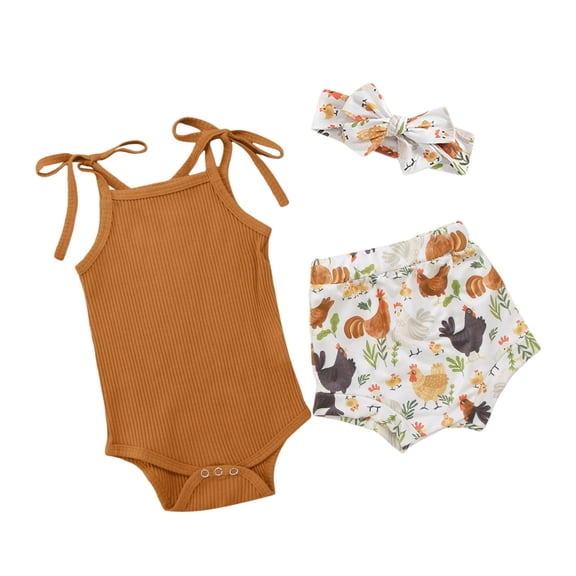 Fsqjgq Girl Clothes Size 7-8 Fashion Girls Clothes Girls Sleeveless Ribbed Romper Bodysuit Cartoon Prints Shorts Headbands Outfits Clothing Sets Kids Clothes 2 Piece Outfits Baby Girl Outfits Size 90
