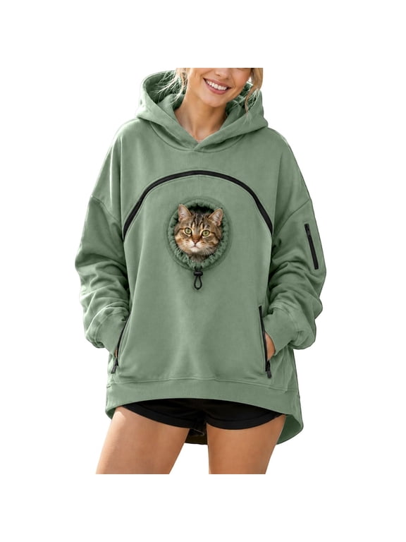 Green Pet Pouch Hoodie, Cat Cuddle Hoodies, Fleece Kangaroo Pocket Dog Pouch Sweatshirts