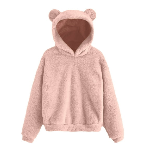 Fsqjgq Hoodies for Women Long Sleeve Thick Solid Sweatshirt Warm Fuzzy Hoody with Ears Teen Girls Cute Jackets Winter Fall Coat Pink Xl