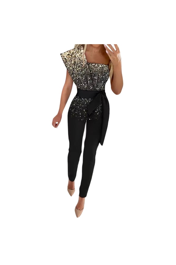 Jumpsuit for Women Fashion Splicing Sequins Cold Shoulder Rompers Clubwear Slim Fit Long Trousers Jumpsuit with Waist Band Party Outfits(Gold,M)