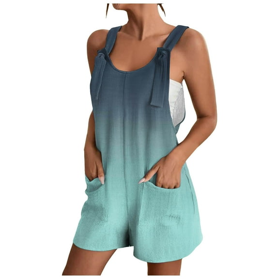 Fsqjgq Jumpsuits for Women Fashion Rompers Overalls Boho Romper Printed Linen Rompers Summer Short Jumpsuits Bib Overalls Dressy Casual Loose Sleeveless Boho Suspenders Playsuit with Pocket Casua