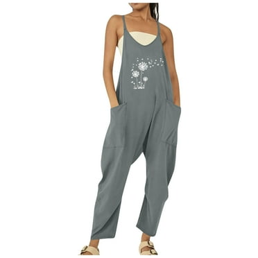 Fsqjgq Jumpsuits for Women Gray Overalls Trendy Dandelion Print Romper with Pockets Summer Loose Wide Leg Pants Sleeveless Adjustable Straps Bib Overalls Playsuit Teacher Outfits for Women 2XL