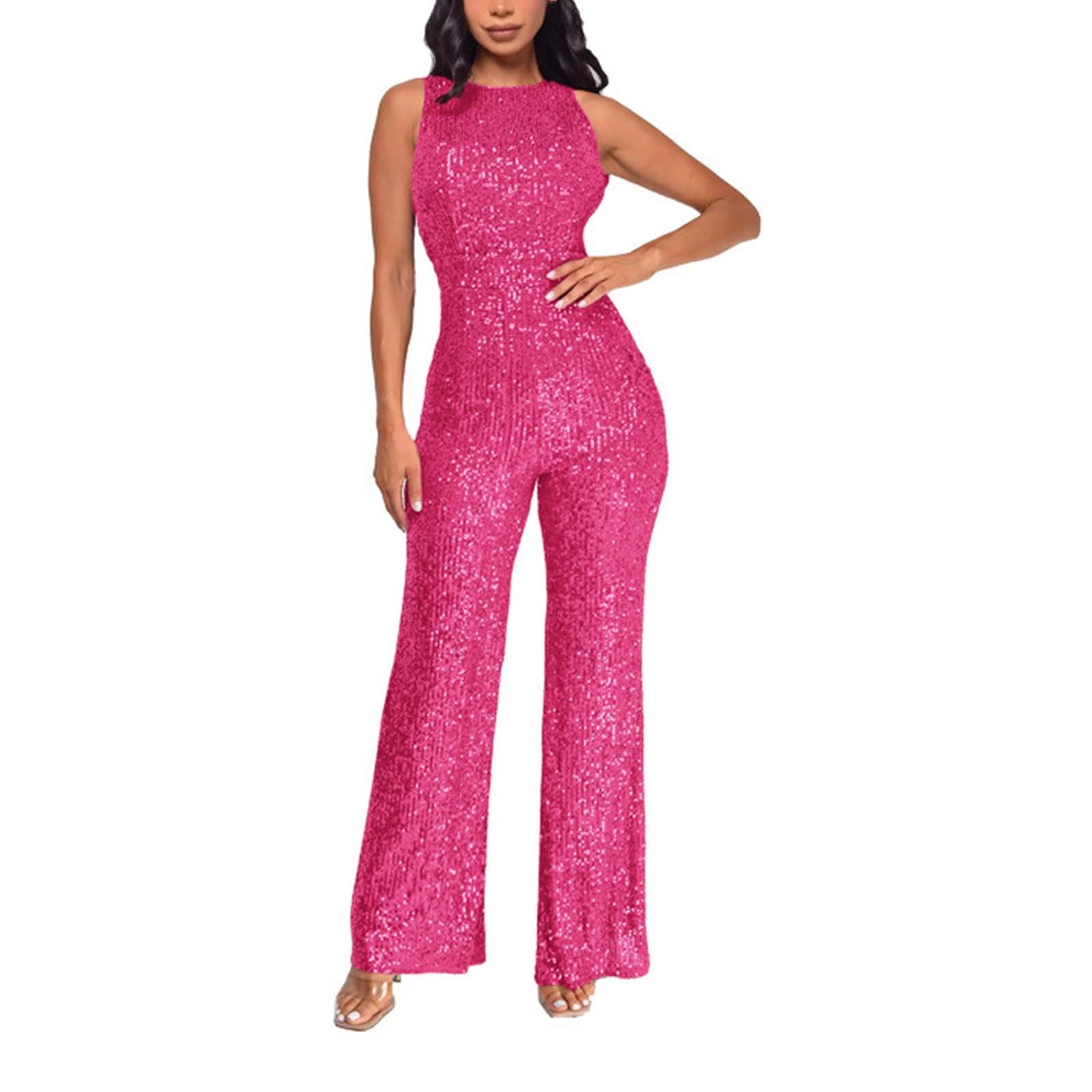 Wide Leg Pink Sparkly Playsuit Sequin Wide Leg Tube Jumpsuit For