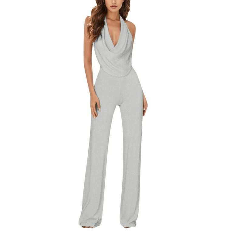 Fsqjgq Jumpsuits for Women Silver Playsuit Rompers Fashion Womens