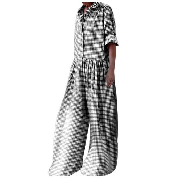Fsqjgq Jumpsuits for Women Summer Rompers Outfits Summer Plus Size Outfits for Women Fashion Plaid Button Down Casual Baggy Lapel Long Sleeve Romper Bib Overalls Jumpsuits Printed Wide Leg Long Pa