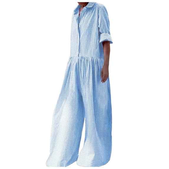 Fsqjgq Jumpsuits for Women Summer Rompers Overalls Womens Rompers Dressy Women Fashion Plaid Button Down Casual Baggy Lapel Long Sleeve Romper Bib Overalls Jumpsuits Sleeveless Loose Spaghetti Str