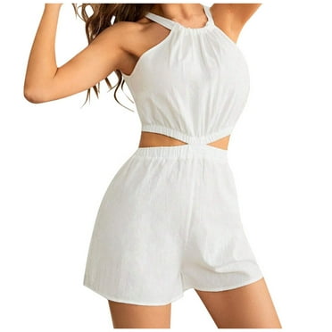 Fsqjgq Jumpsuits for Women Summer Rompers Playsuit 2 Piece Outfits for Women Summer Cotton Linen Bib Overalls Hanging Neck Sleeveless Top Casual Fashion Wide Leg Shorts Jumpsuit Casual Pants Baggy