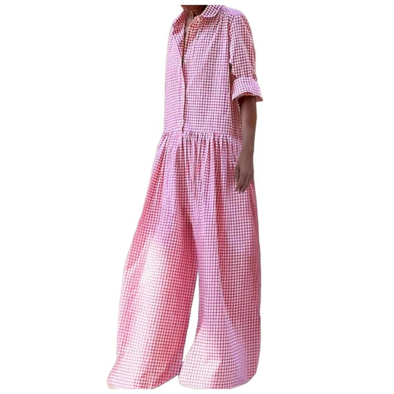 Fsqjgq Jumpsuits for Women Summer Rompers Playsuit Elegant Jumpsuits for Women Fashion Plaid Button Down Casual Baggy Lapel Long Sleeve Romper Bib Overalls Jumpsuits Deep V Neck Wrap Drawstring Wa