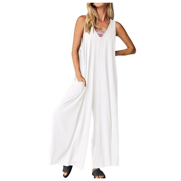 Fsqjgq Jumpsuits for Women White Bodysuit Boho Casual Summer Rompers Sleeveless Jumpsuits Loose Baggy Rompers Wide Leg Pants Bib Overalls with Pockets Rompers Tshirt Romper S