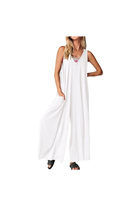Jumpsuits for Women White Bodysuit Boho Casual Summer Rompers Sleeveless Jumpsuits Loose Baggy Rompers Wide Leg Pants Bib Overalls with Pockets Rompers Tshirt Romper S
