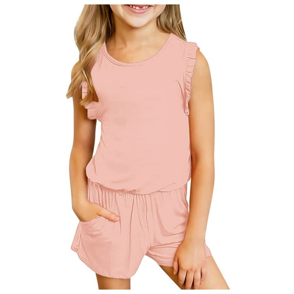 Fsqjgq Kids Clothes Girls Fashion Girls Clothes Outfits Outfits for Teen Kids Girls Child Sleeveless Solid T Shirt Girls Tops Ruffles Vest Shorts Set Clothing Sets Baby Girl Outfit Set Size 160