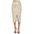 thumbnail image 1 of Fsqjgq Leather Skirts for Women Elegant Fall Winter Leather Skirt High Waisted Front Slit Zip Back Ruched Bodycon Fall Club Long Skirts Beige XL, 1 of 5