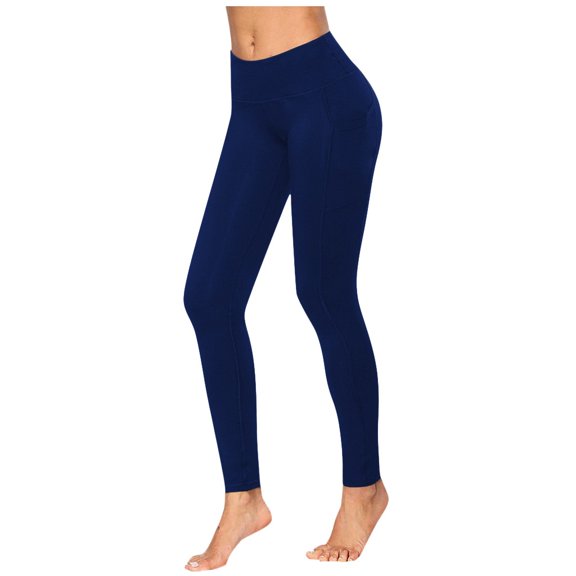 Fsqjgq Leggings with Pockets for Women Solid Black Running Sports Fitness Yoga Leggings High Waisted Compression Pants Tights Navy XL