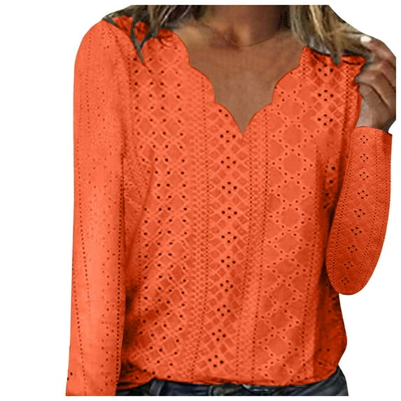 Fsqjgq Long Sleeve Shirts for Women Wave V Neck Hollow Jacquard T-shirts Fall Fashion 2024 Dressy Casual Blouses Trendy Pleated Tunic Tops for Leggings