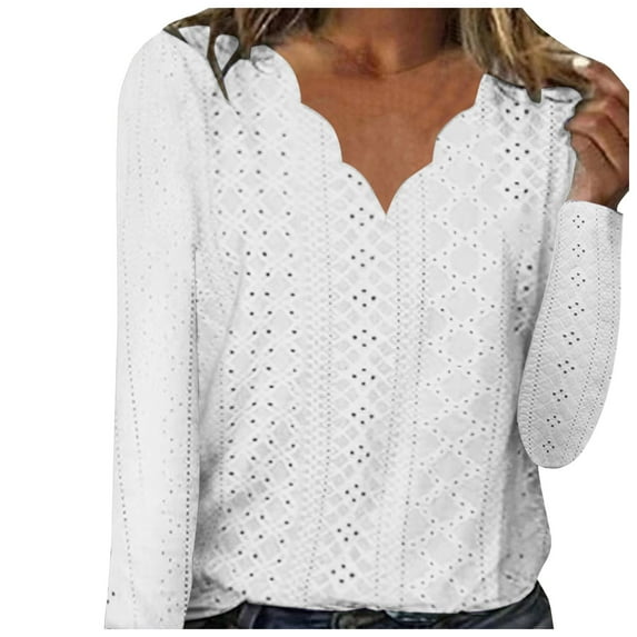Fsqjgq Long Sleeve Shirts for Women Wave V Neck Hollow Jacquard T-shirts Fall Fashion 2024 Dressy Casual Blouses Trendy Pleated Tunic Tops for Leggings