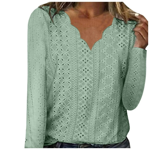 Fsqjgq Long Sleeve Shirts for Women Wave V Neck Hollow Jacquard T-shirts Fall Fashion 2024 Dressy Casual Blouses Trendy Pleated Tunic Tops for Leggings