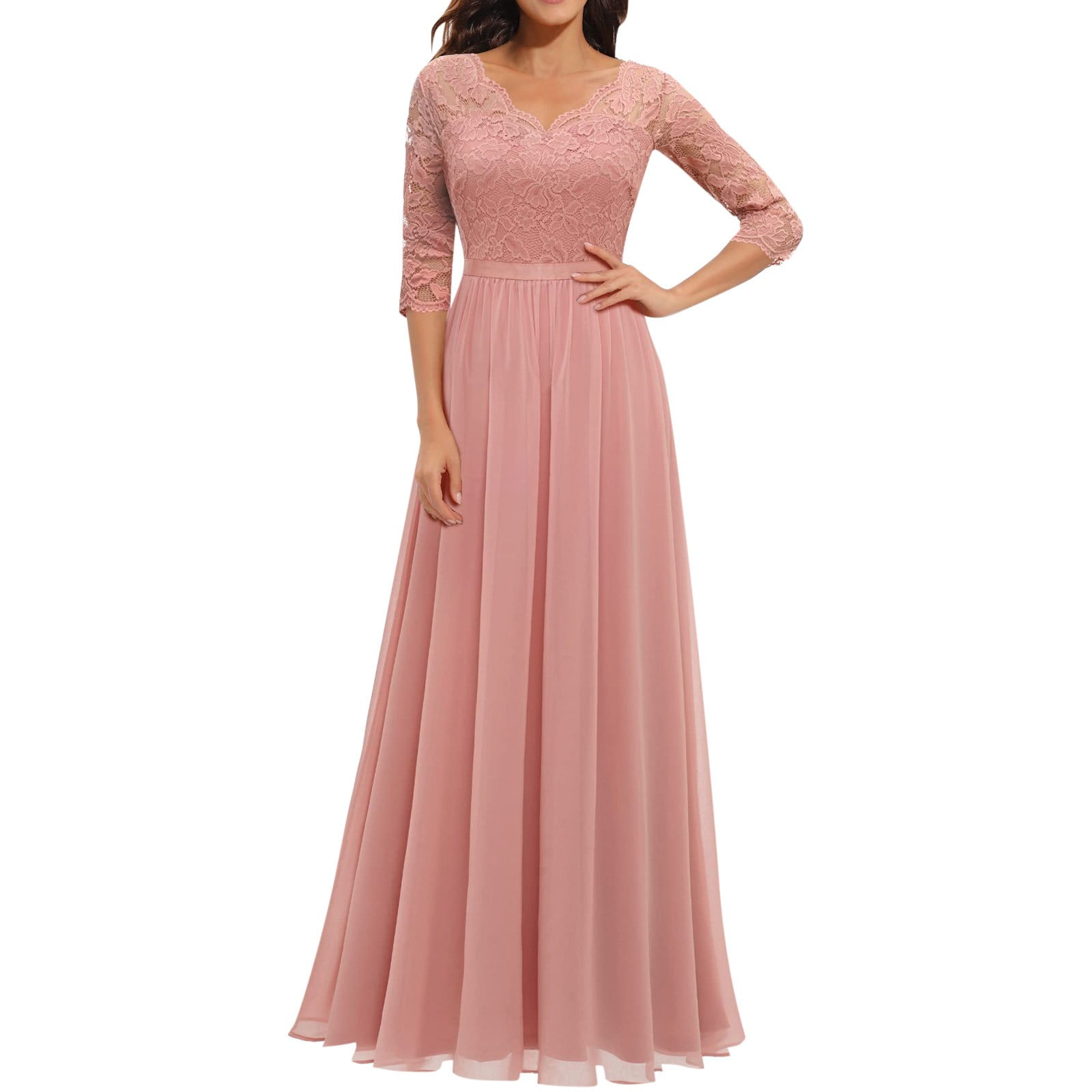 Fsqjgq Long Wedding Guest Dresses for Women Elegant Lace Stitching 3/4 ...