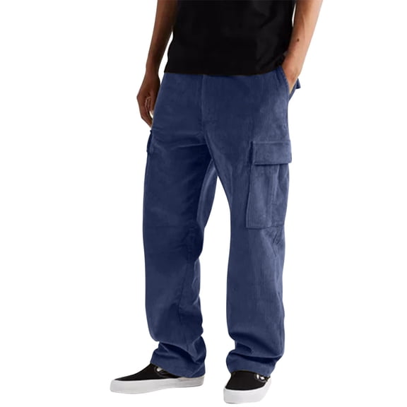 Fsqjgq Mens Corduroy Pants Autumn Winter Casual Loose Overalls Trousers High Street Straight Loose Fit Multi Pocket Cargo Pants M