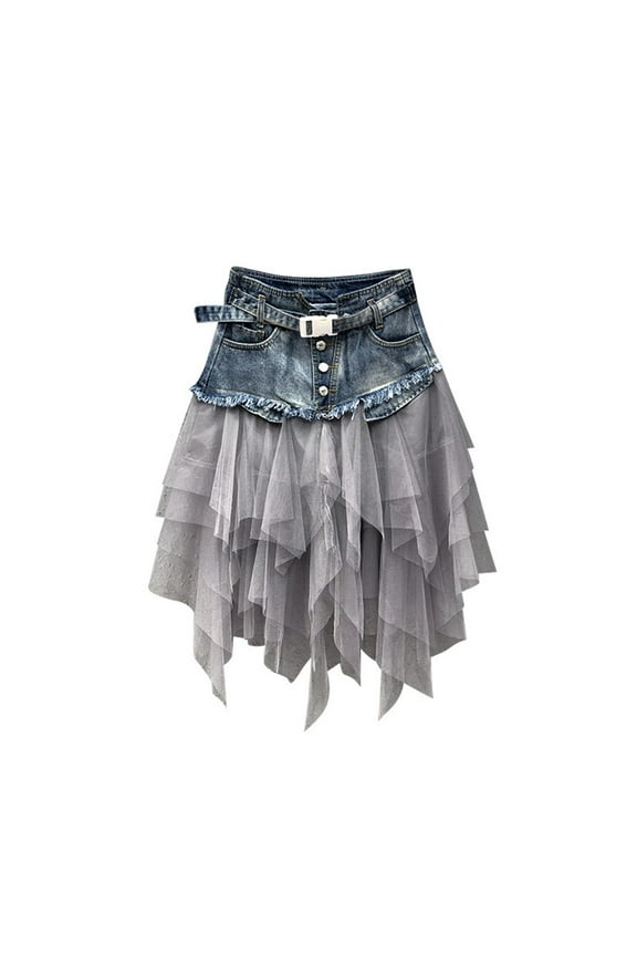 Mini Skirts for Women Patchwork Mesh Jean Skirt with Belts Trendy Pleated A Line High Waisted Denim Skirt Tulle Skirts