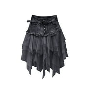 Fsqjgq Mini Skirts for Women Patchwork Mesh Jean Skirt with Belts Trendy Pleated A Line High Waisted Denim Skirt Tulle Skirts