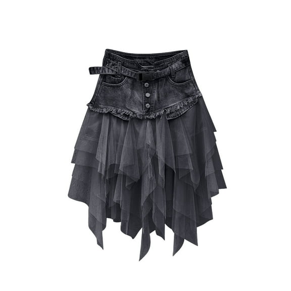 Fsqjgq Mini Skirts for Women Patchwork Mesh Jean Skirt with Belts Trendy Pleated A Line High Waisted Denim Skirt Tulle Skirts