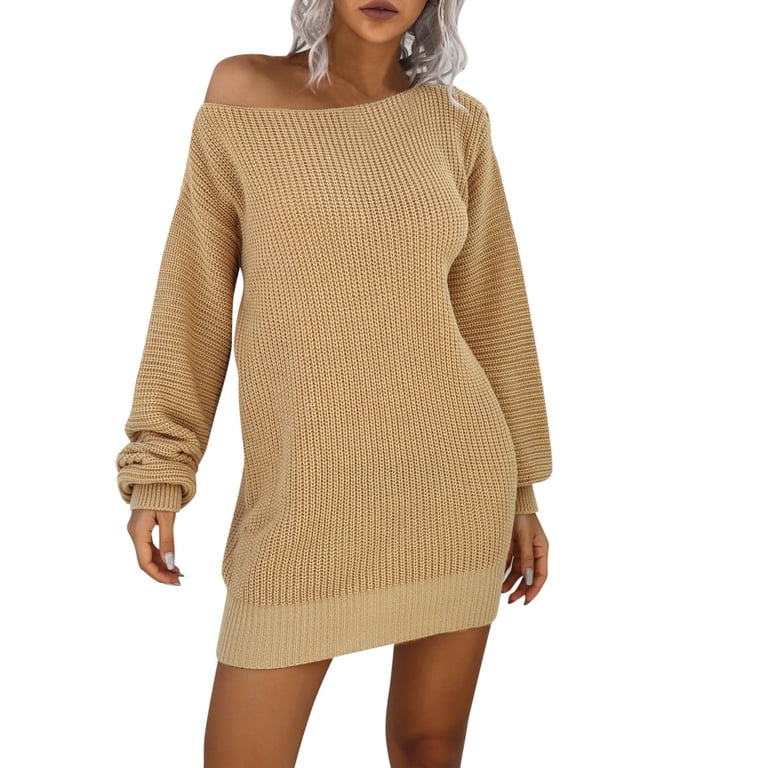 beige off the shoulder sweater dress Avinci