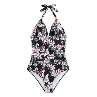 Fsqjgq One Piece Swimsuit for Women Metal Halter Neck Monokinis Ruched Tummy Control Bathing Suit Wrap Tie Backless Swimwear Beachwear