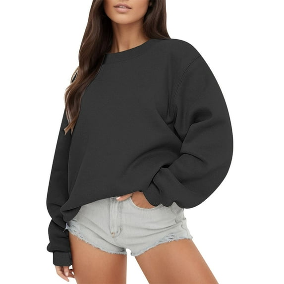 Fsqjgq Oversized Crewneck Hoodies for Women Casual Loose Solid Color Drop Shoulder Long Sleeve Sweatshirt Sports PulloverTops Black L