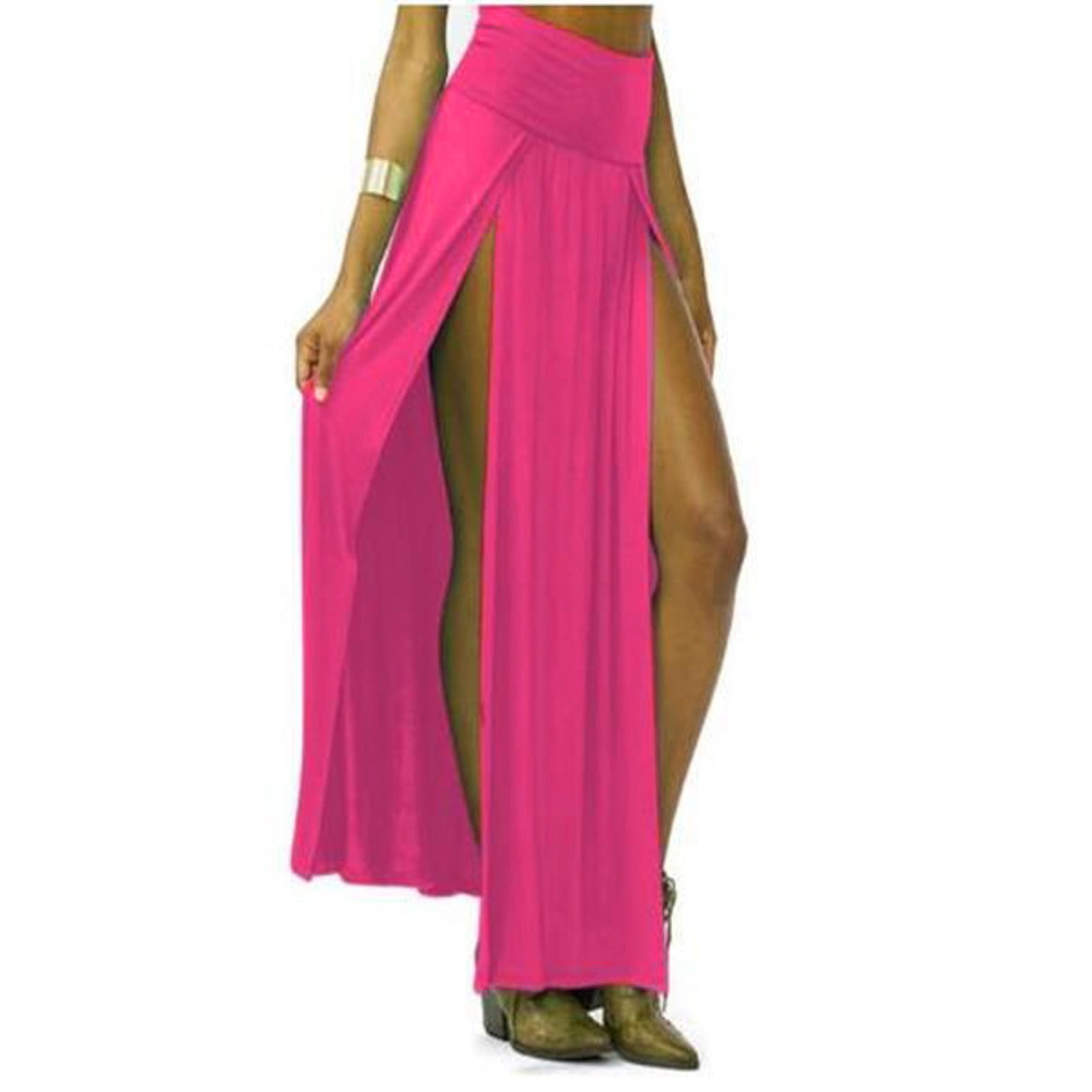 OgLuxe Women's Double Split Maxi Skirt - High Waist Side Slit, Stretchy Jersey Long Skirt, Red