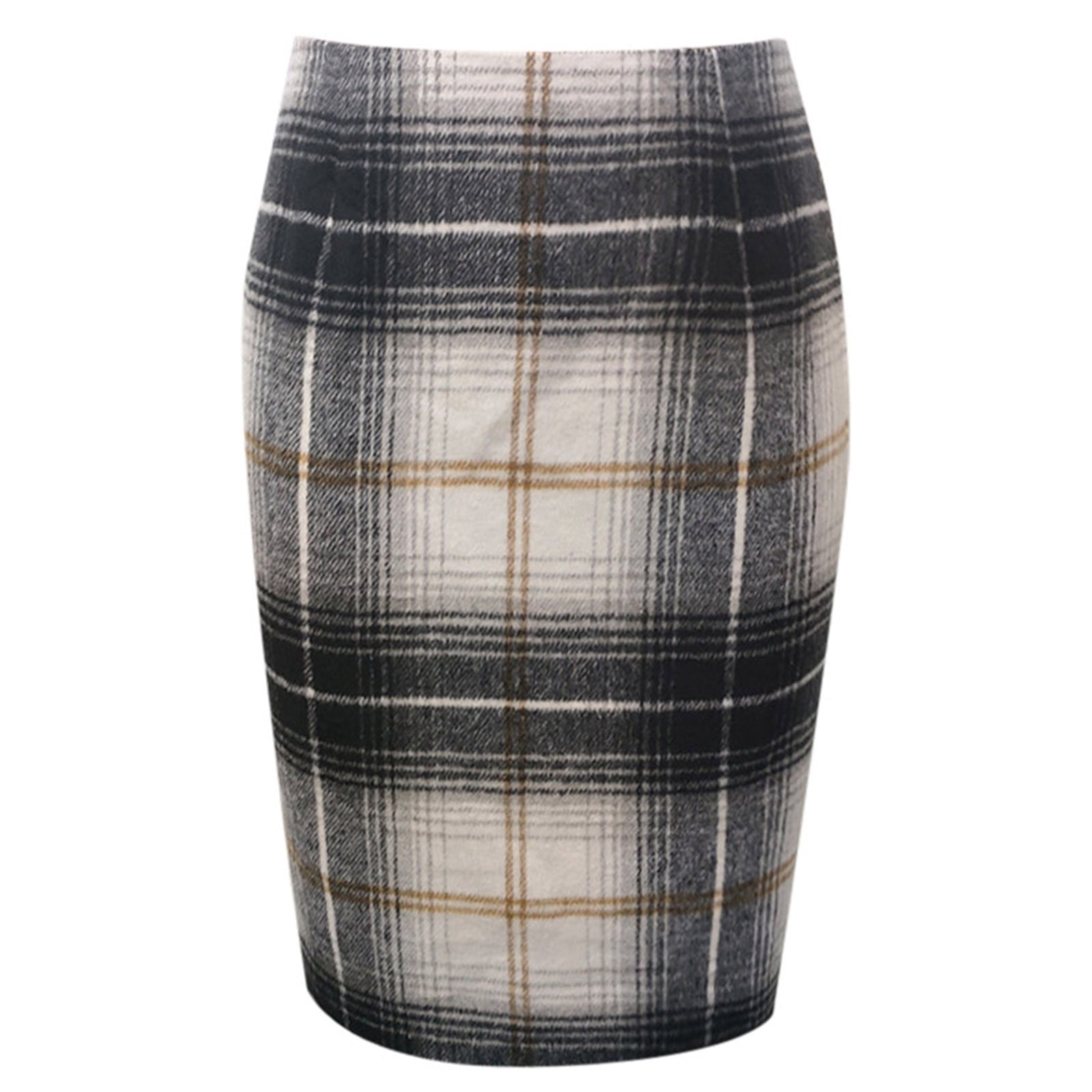 IDEALSANXUN Women's Plaid Midi Pencil Skirt - High Waist Knee Length With Back Slit, Suede Brown, X-Small